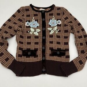 Unique‎ Artisan Petite Cardigan PM Floral Appliqué Beaded Buttons Vintage Style